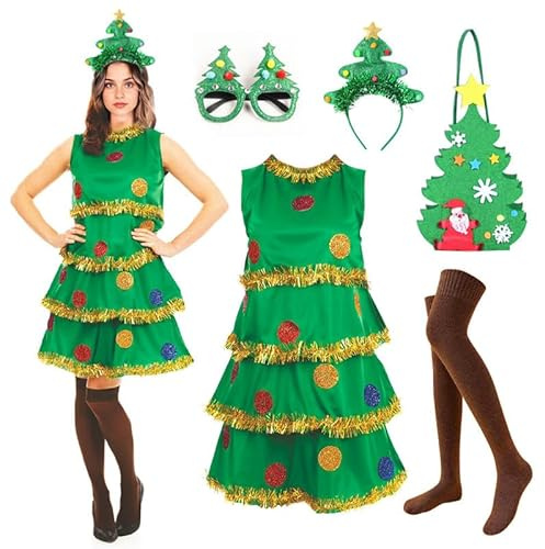 Runstarshow Christmas Tree Costume Adult Womens Fancy Dress Outfits 5 Piece Sparkly Xmas Tree Dress + Headband + Glasses + Stockings + Hand Bag UK Sizes 8-16 (M-XL)