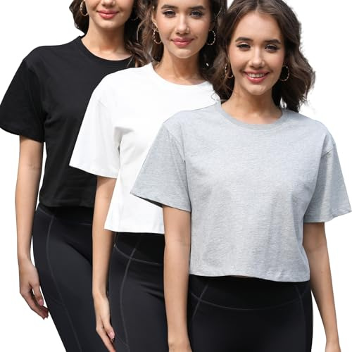 Women Workout Crop Top T-Shirt 100% Cotton Drop Shoulder Half Sleeve Oversized Yoga Running Cropped Loose Tee