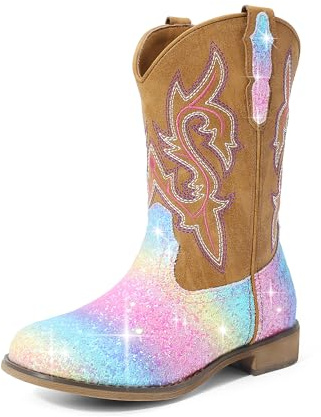 DREAM PAIRS Girls Glitter Cowboy Boots | Glitter Vamp Finish, Smooth Shaft Comfort, Pull Tabs Independent, Roomy Growing Feet, Sturdy Outsole Play