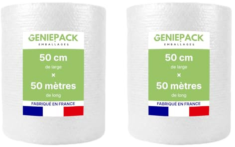 2 X ROULEAU PAPIER BULLE/FILM À BULLES Professionnel 50 cm x 50 m – Fabriqué en FRANCE – 60 Microns – Bulles 10mm – Protection Emballage Colis Déménagement – Antichoc Haute Qualité