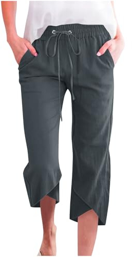 2026 Pantalon Fluide Femme Été 7/8 Coton Lin Jambe Large Chic et Elegant Pantacourt Décontractés Jogging avec Cordon de Serrage Pantalons Courte Large Ample Palazzo Pants de Plage avec Poche