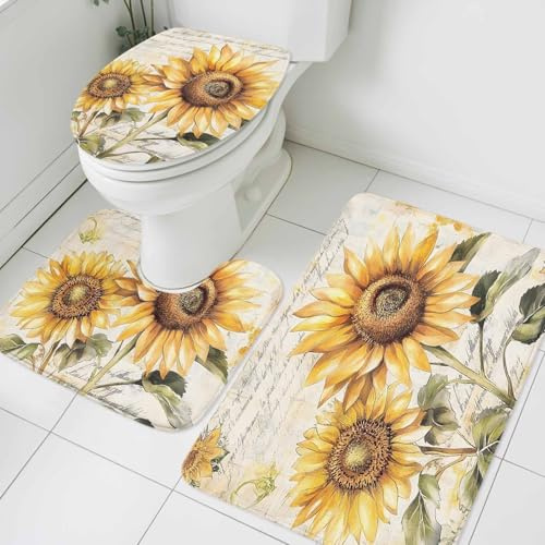 Alfombra De Baño De 3 Piezas Girasol Primavera Verano Vintage Botánico Juego De Alfombrillas De Baño Decorar por Encargo Alfombras De Cama, para Bathroom, Cocina, Dormitorio