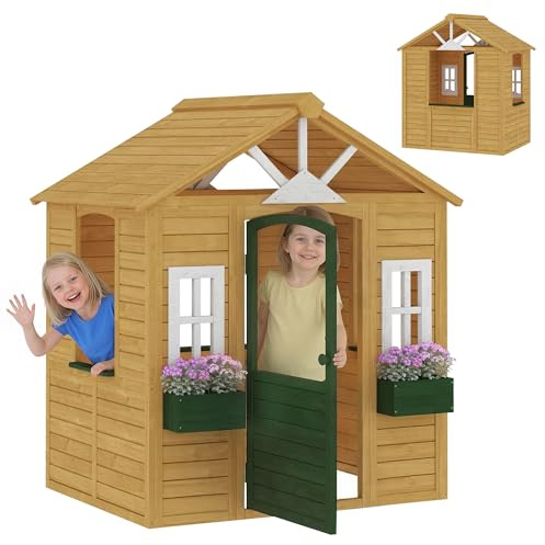 AIYAPLAY Casetta da Giardino per Bambini in Legno di Abete, Casetta per Bambini da Esterno con 3 Finestre, 2 Fioriere, Porta e Tetto, per Bimbi 3-8 Anni, Interno ed Esterno, 134.5x97x150 cm, Marrone