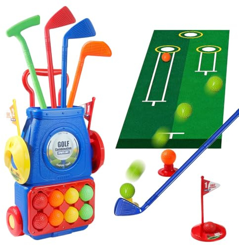 Kids Golf Set, Toddler Golf Set with 8 Play Balls, 4 Golf Clubs, 2 Practice Holes, 1 Golf Mat