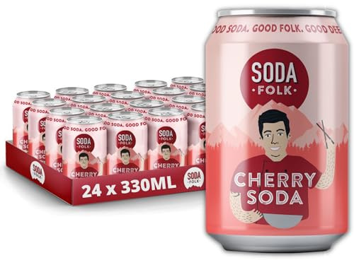 Soda Folk Cherry Soda, American Style Fizzy Drinks, No Added Sugar, Refreshing Soft Drink, 100% Natural Ingredients, Gluten Free & Vegan (24 x 330ml Cans)