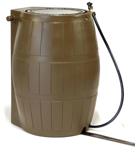 FCMP Outdoor Raincatcher 4000 Rain Barrel, Flat-Back Rainwater Catcher with Spigots, 50 Gallon, Brown - Portable Water Storage Container Tank for Home, Garden, and Backyard