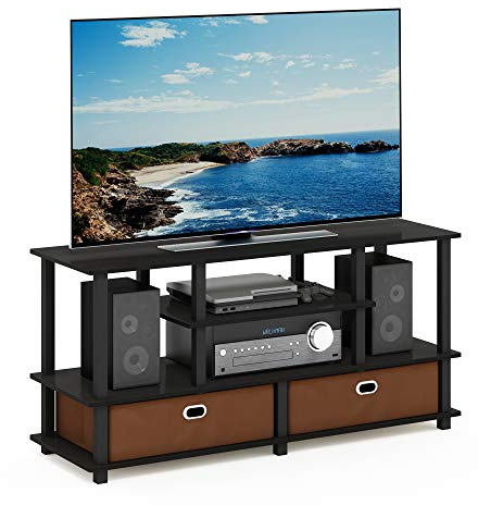 Furinno JAYA TV Stand, 4-Tier Entertainment Center, TV Console for TV up to 55 Inch with 2 Storage Bins and Open Shelves, for Living Room, Bedroom, Black