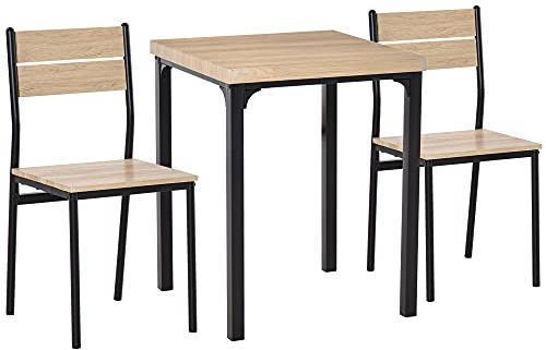 HOMCOM 3 Pieces Compact Dining Table 2 Chairs Set Wooden Metal Legs Bistro Cafe Kitchen Breakfast Bar Home Furniture, Light Wood Grain