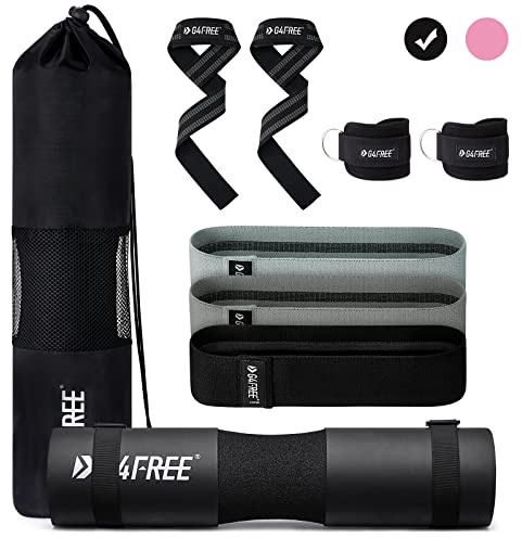 G4Free 9Pcs Barbell Pad Set for Squat, Hip Thrusts, Lunges, Leg day, Standard Olympic Bars with 2 Gym Ankle Safety Straps, 3 Hip Resistance Bands, 2 Lifting Strap, Barbell Pad, and Carry Bag (Black)