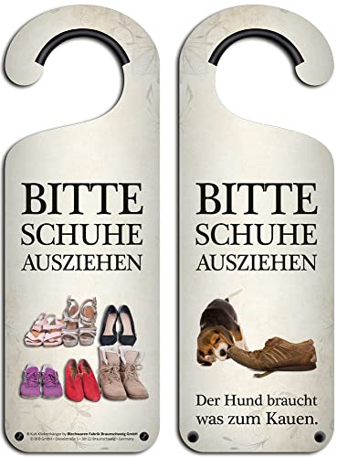 Kult-Klinkenhänger Türhänger Doorhanger - BITTE SCHUHE AUSZIEHEN - HUND BRAUCHT WAS ZUM KAUEN - KL15 Türschild Blechschild