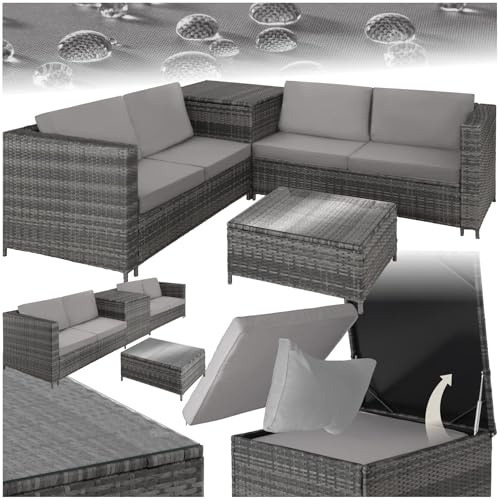 tectake® Ensemble Salon de Jardin Exterieur en Poly Rotin 4 Personnes, 2 Canapés modulables, Coffre de Rangement et Table de Jardin en Verre Inclus, Mobilier de Jardin pour Amenagement Balcon