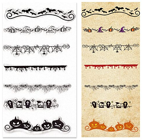 Halloween Pumpkins Clear Stamps for Card Making and Journaling, Halloween Bats Skull Lines Silicone Stamps Spider Web Rubber Stamps for Scrapbooking DIY Cards Album Crafts Supplies