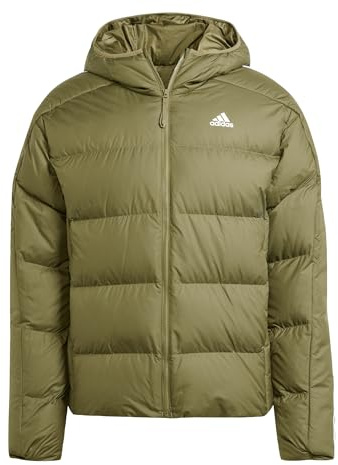 adidas Uomo Essentials Midweight Down Hooded Stripes Jacket, Olive Strata, S