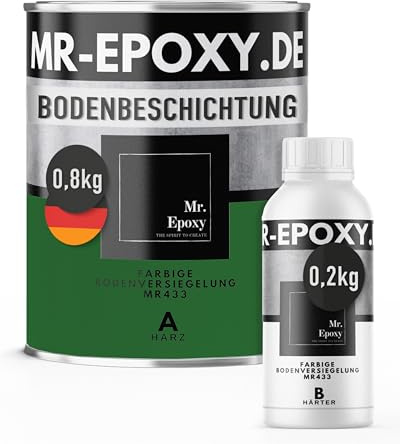 Mr. Epoxy Epoxidharz Bodenbeschichtung (1 kg, RAL 6002 Laubgrün) - 2K Betonfarbe für Garagen, Keller & Werkstatt Boden - Flüssigkunststoff Epoxid Grundierung und Bodenversiegelung