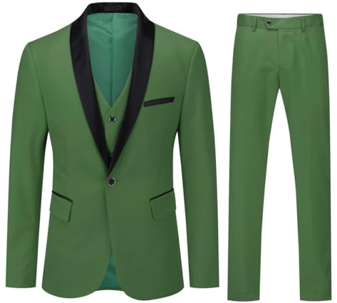 YOUTHUP Kostymer för män smal passform 3-delad kostym sjal bröllop middag smoking 1 knapp blazer byxor väst, Grön-ny, XL