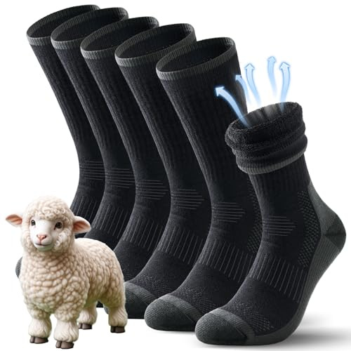 TANSTC Merino Wool Mens Socks Thermal Socks Hiking Walking Outdoor Socks Compression Comfortable Thick Cushion Warm Socks for Men Women,Black,M