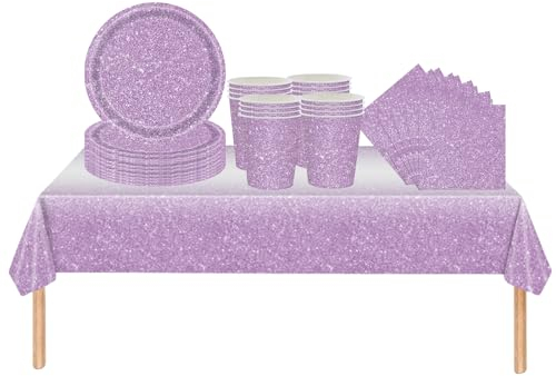 53Pcs Purple Party Tableware Decorations for Boys Girls Party Decor,Soild Shinny Golden Birthday Party Table Cloth, Paper Plates 7inch Cups Napkins for Kids Birthday Party Favor