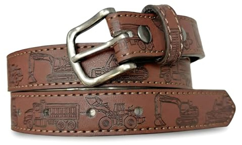 BC Belts Construction Equipment Kids Leather Belt Strap and Metal Buckle 1 Wide with Snaps - Excavator Dump Truck Bulldozer Tractor (Brown-S)