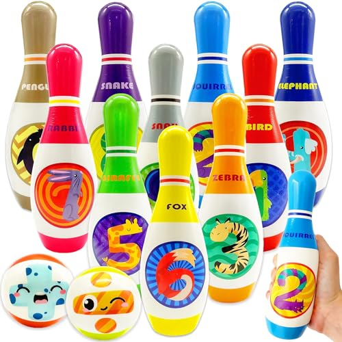 STAY GENT Jeux de Quilles Enfant Extérieur Intérieur, Set de Bowling Enfants Doux avec 10 Quilles & 2 Balle, Animaux Mathématiques Jeu Éducatif Cadeaux pour Enfants 2 3 4 5 6 7 Ans Anniversaire Noël