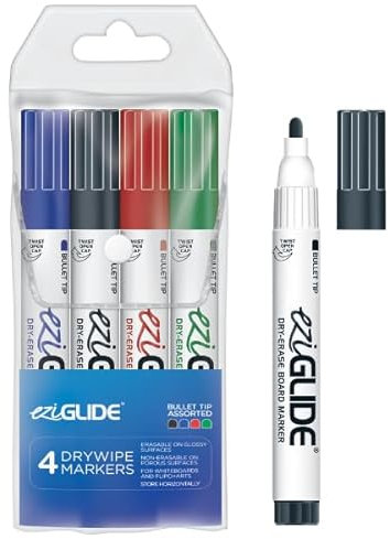 Eziglide 4-Pack White Board Pens, Bullet Tip – Non-Permanent, Erasable & Refillable Drywipe Markers - 4 Colours, Black, Red, Blue & Green, Ideal for School, Flipcharts, Office & Classroom Use