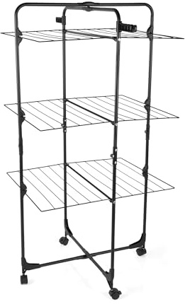Beldray 30 Metre 3-Tier Tower Airer – Space-Saving Foldable Clothes Drying Rack with Locking Wheels, 10 Hanger Holes and 15kg Max Load, Perfect for Family Laundry