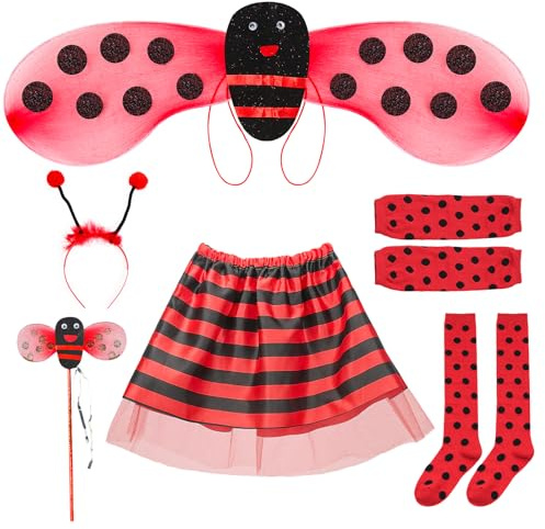 Kinwers Ladybug Flickdräkt 6 delar karneval klänning för flickor inkluderar antenn/trollstav/tutus/vingar/strumpor/handskar, kläder karnevalstillbehör lämplig för 2/3/4/5/6 år flicka