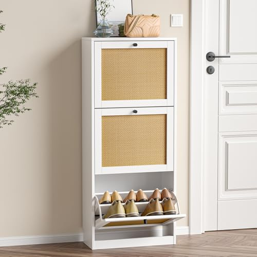 Skokliz Rangement à Chaussures Armoire, Chaussures à 3 abattants, étagère à Chaussures Style Vintage pour entrée, Salon, Chambre, Séparateurs Réglables,52x23x123 cm, Blanc