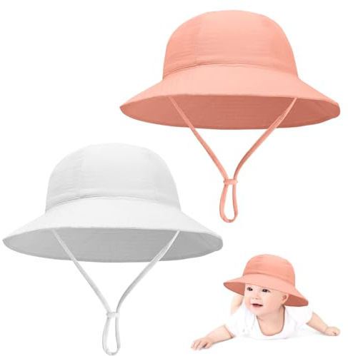 Risipu 2 Pcs Baby Sun Hat with Adjustable Chin Strap 100% Cotton Soft Bucket Hat for Newborns 3-12 Months Toddler Fishing Hats for Boys & Girls (Age 3-12 Months, White+Pink)