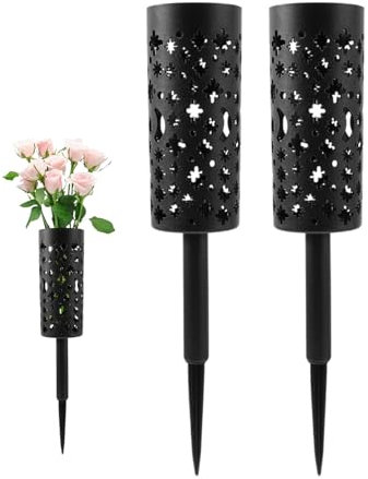 Jarrón de tumbas - Estaca de flores de cementerio de cementerio de Memorial, resistente a la intemperie, contenedor duradero de contenedor de metal floral de metal | Diseño decorativo hueco para plant