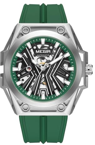 MEGIR Automatische Herren-Armbanduhr, 316L Stahlgehäuse, leuchtendes Zifferblatt, 5ATM wasserdicht, Silikonband, Grün