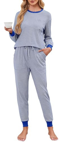 Namatime pyjamas dam lång bomull tvådelad pyjamas ränder nattkläder med fickor