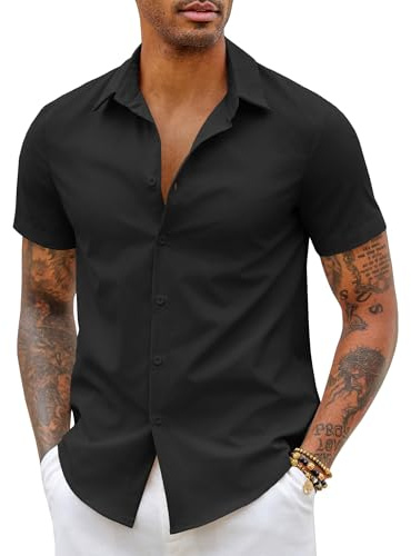 COOFANDY Camisa Hombre Manga Corta Ligero Formal Verano Camisas Vestir Trabajo Adultos Básica con Botones Boda Playa Sólido Camisas Shirts Negro XL