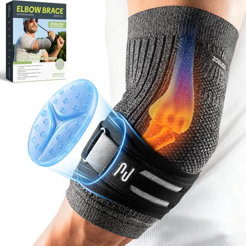 ZOELION Tennis Elbow Support for Men Women, Elbow Brace with Movable 7 cm Silicone Gel Pad & Adjustable Strap, Targeted Forearm Support for Tennis Elbow, Golfers Elbow, Tendonitis, Black, M
