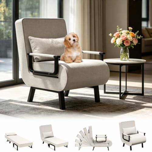 YLGJ&TIDY 4-in-1 Single Chair Bed, 6 Position Adjustable Sofa Bed Chair, Convertible Sleeper Chair & Pillow, Folding Sofa Beds for Living Room, Bedroom, Home office, 64 * 65 * 81, Beige
