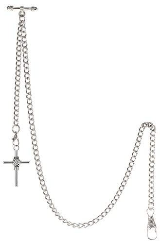 TREEWETO Men's Albert Chain Pocket Watch Curb Link Key Chain 2 Hooks with Antique Cross Silver Pendant Design Charm Fob T Bar