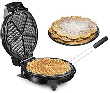 Gofrera pequeña, 5 gofres finos en forma de corazón, diámetro de 20 cm, con tenedor para extraer fácilmente los gofres