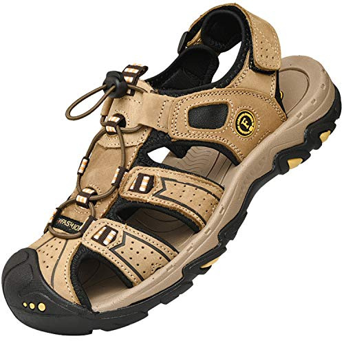 Lvptsh Men's Sports Outdoor Sandals Closed Toe Summer Beach Shoes Leather Casual Trekking Hiking Outdoor Sandals,Light brown,UK10