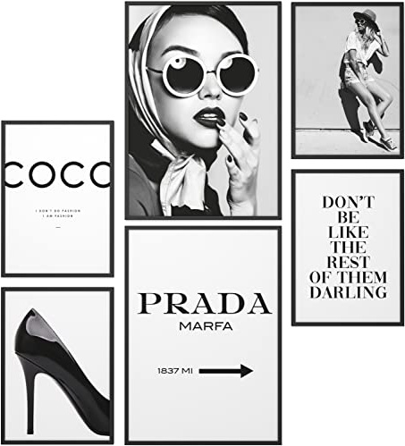 Papierschmiede® Mood Poster Set Stampe da Parete « Coco Bianco e Nero » con cornici in legno (nero), Quadri vintage per Soggiorno e Camera da Letto, 2x A4 e 4x A5, Glamour Stile di vita Moda
