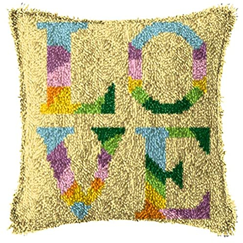 SxLingerie Knüpfkissen Knüpfen Set Für Kinder Erwachsene Zum Selber Knüpfen DIY Kissenbezug Gedruckt Love Muster Leinwand Häkeln Handarbeiten Zottelig Kissenbezug Basteln Latch Hook Kit 43X43cm