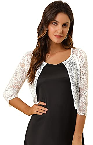 Allegra K Damen Brautjacke Spitzen Bolero Festlich Kurz 3/4 Ärmel Durchsichtig Blumen Spitze Shrug Crop Cardigan Boleros Weiß M
