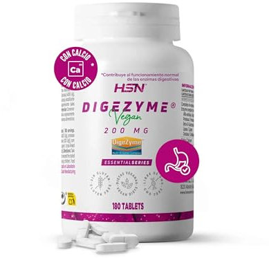 HSN Digezyme 200mg Enzimas Veganas | 240 Tabletas Sin Recubrimiento | Patente Digezyme® (Amilasa Proteasa Lactasa Lipasa Celulasa) | No-GMO, Vegano, Sin Gluten