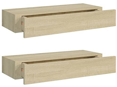vidaXL 2X Estantes con Cajón de Pared Armario Estante Estantería Flotante Salón Sala de Estar Libros Marco de Foto Color Roble MDF 60x23,5x10cm