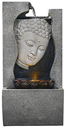 Fengshui Fuentes Fuente de agua de la cara de Buda - Fuente de la cascada de la cascada de la mesa de Buda con las luces LED - Decoración del zen relajante interior (gris) Cascada de Fuente