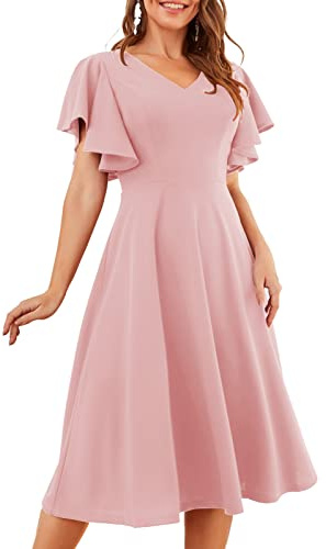 Bridesmaid Dresses for Women Flare Cocktail Dresses V Neck Swing Tea Dresses Semi Formal Church Dress for Prom/Party/Date Blush XL