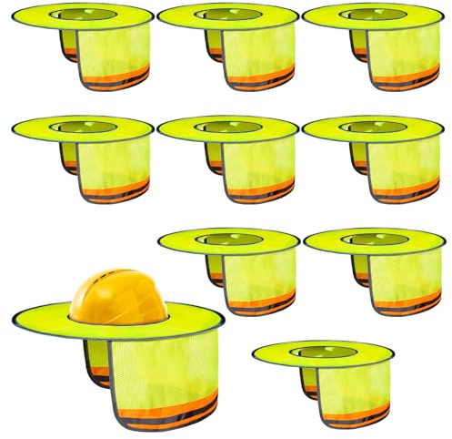 Jspupifip 10 Pack Hard Hat Sun Shade Full Brim High Visibility Hard Hat Sun Visor with Reflective Strip for Construction Sites, Yellow