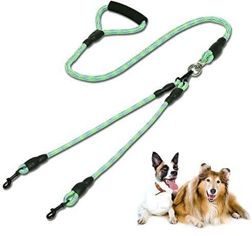 Lvjkes Hundeleine, doppelt, Leine für 2 Hunde, doppelte Hundeleine, abnehmbar, verhedderungsfrei, bequemer Griff, Training zum Gehen, für zwei mittelgroße oder große Hunde (grün)