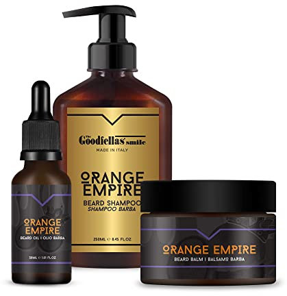 Kit Barba per Uomo The Goodfellas' Smile Orange Empire, 3 in 1 Set Regalo Cura della barba Uomo - con Shampoo Barba, balsamo, Olio - 100% Made in Italy