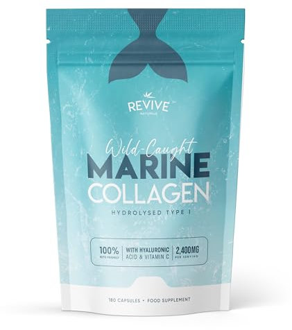 Marine Collagen Capsules 2400mg with Hyaluronic Acid & Vitamin C – 180 Capsules – High Strength Collagen Supplements for Women & Men – Premium Complex for Skin Joints Hair – by Revive Naturals