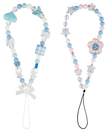 2 St Telefonberlock, Söt Pärlband Mobilremmar Charms Telefonbandstjärnor Blå Telefonberlocksrem Butterfly Phone Lanyard Blomstertelefonkedja Mobilarmband för Tjejer