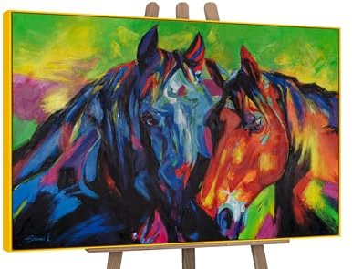 YS-Art Quadro Astratto Moderno con Cavalli Colorati Dipinto a Mano su Tela Blu Rosso Verde per Soggiorno Studio Camera da Letto 120x80 cm